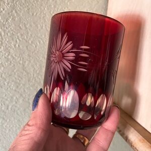 Vintage Bohemian Ruby Red Cut Daisy Tumbler Czech Hand Cut Crystal Glass